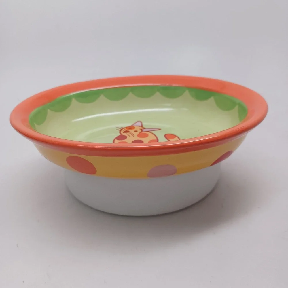 Castlemere Ceramic Pet Bowl Orange Green Polka Dot Cat Oval Dish Dishwasher Safe